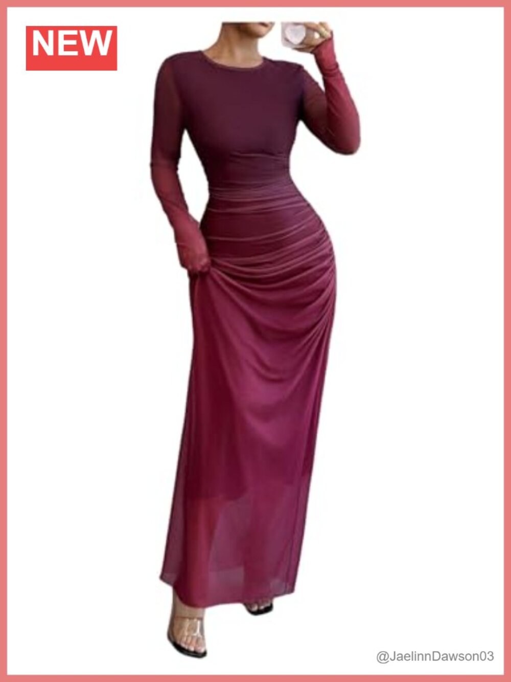 Women's Long Sleeve Bodycon Ruched Mesh Maxi Dress Wedding Guest Cocktail Formal